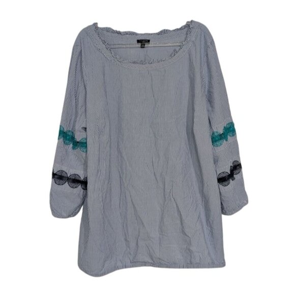 Talbots Stripe Shirt Womens Size 2X Blue 3/4 Sleeves Boho Lace Ruffle Cotton - Picture 1 of 15